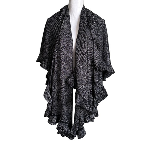 Just Jamie Black & Silver Metallic Ruffled Waterfall Open Arm Shawl Cardigan OS - Picture 1 of 13